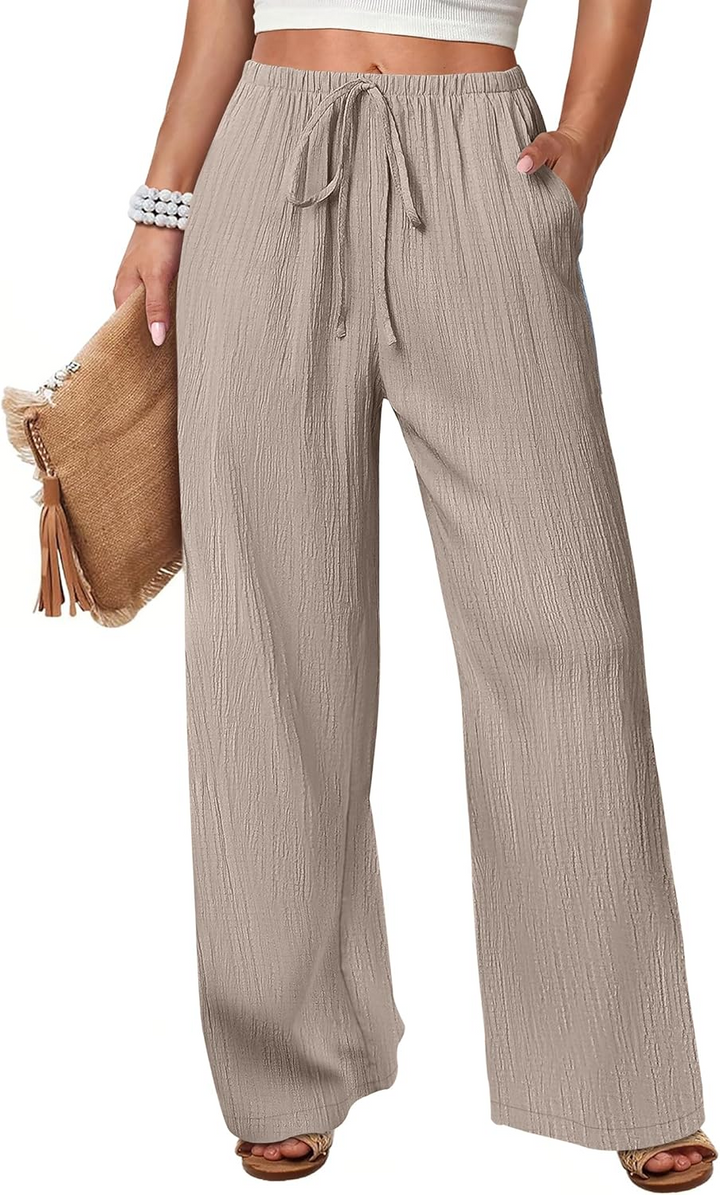 ANRABESS Womens Casual Wide Leg Pants Elastic Waist Drawstring Lightweight Flowy Beach Palazzo Pants with Pockets