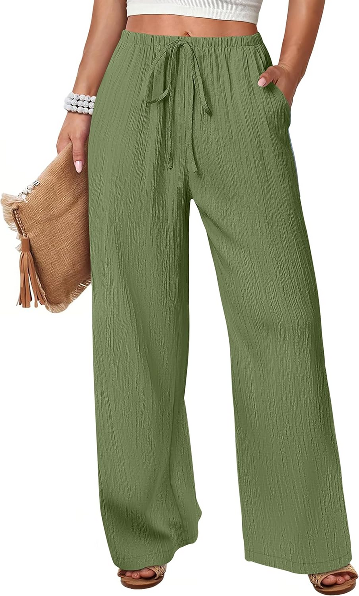 ANRABESS Womens Casual Wide Leg Pants Elastic Waist Drawstring Lightweight Flowy Beach Palazzo Pants with Pockets