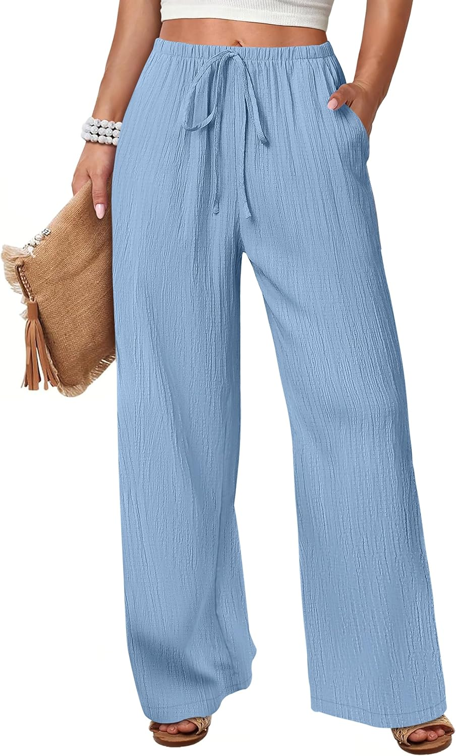 ANRABESS Womens Casual Wide Leg Pants Elastic Waist Drawstring Lightweight Flowy Beach Palazzo Pants with Pockets
