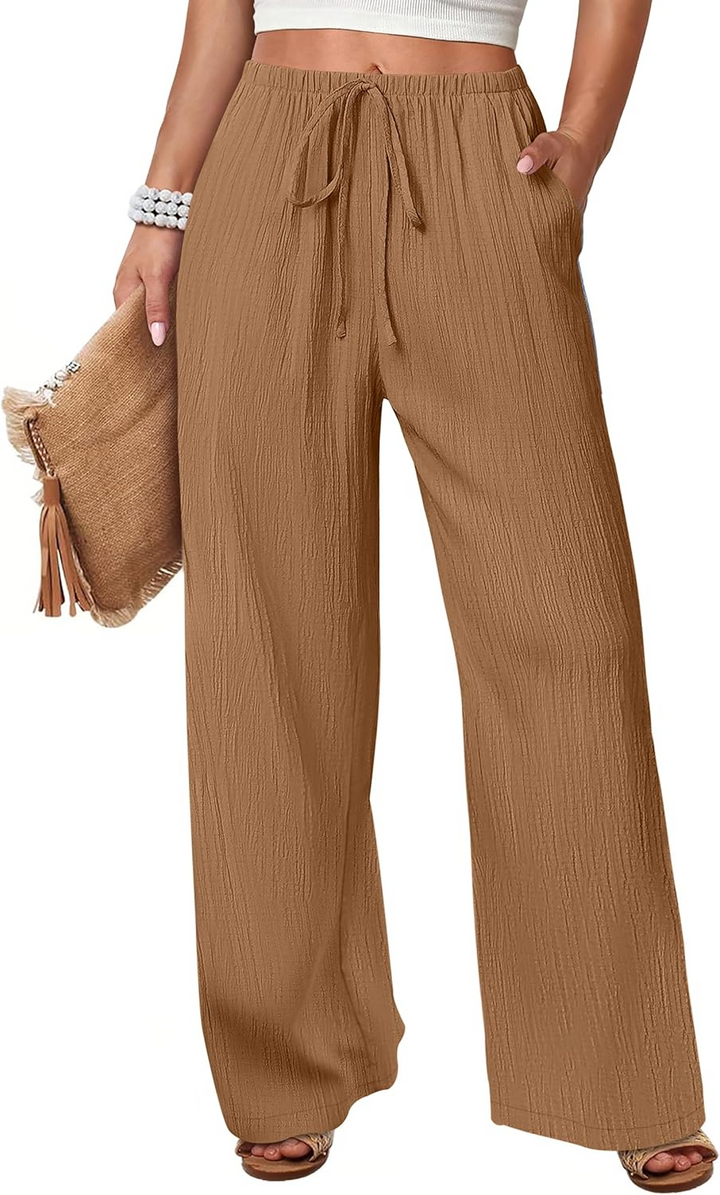 ANRABESS Womens Casual Wide Leg Pants Elastic Waist Drawstring Lightweight Flowy Beach Palazzo Pants with Pockets