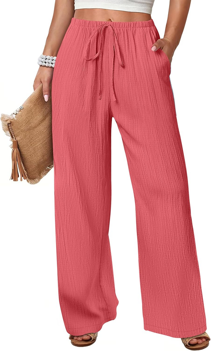 ANRABESS Womens Casual Wide Leg Pants Elastic Waist Drawstring Lightweight Flowy Beach Palazzo Pants with Pockets