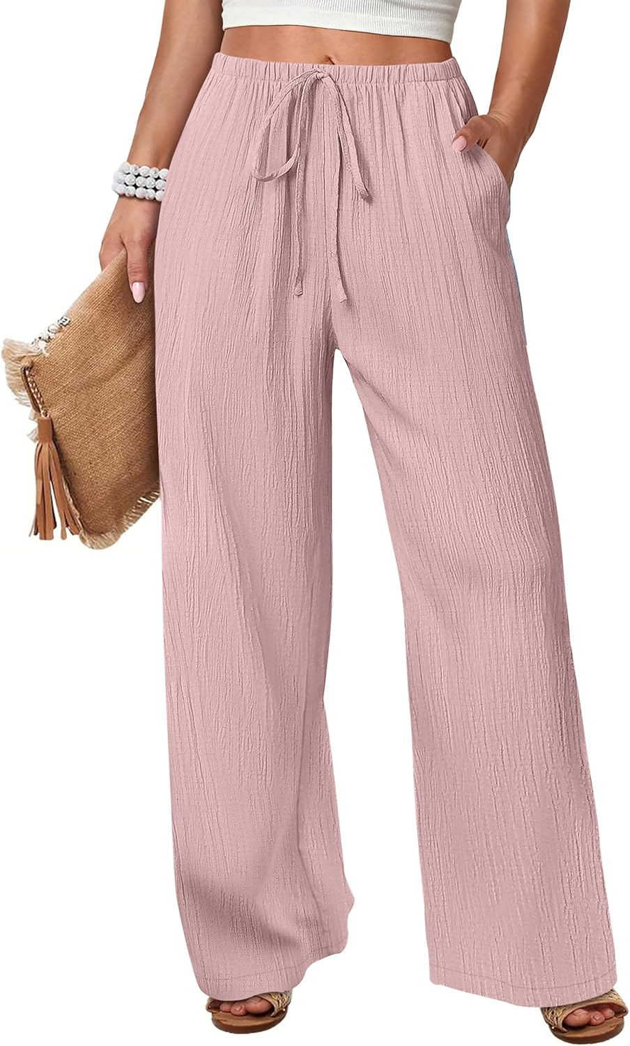 ANRABESS Womens Casual Wide Leg Pants Elastic Waist Drawstring Lightweight Flowy Beach Palazzo Pants with Pockets