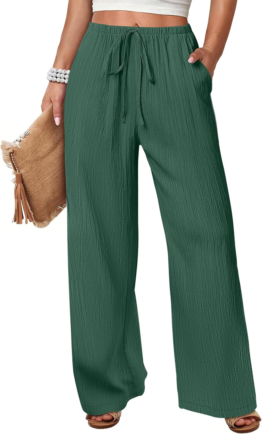 ANRABESS Womens Casual Wide Leg Pants Elastic Waist Drawstring Lightweight Flowy Beach Palazzo Pants with Pockets