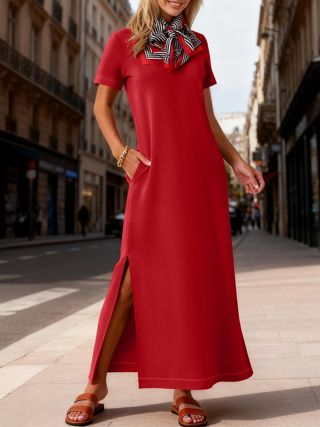 ANRABESS Women's Wrinkle-Free Crewneck Maxi Dress