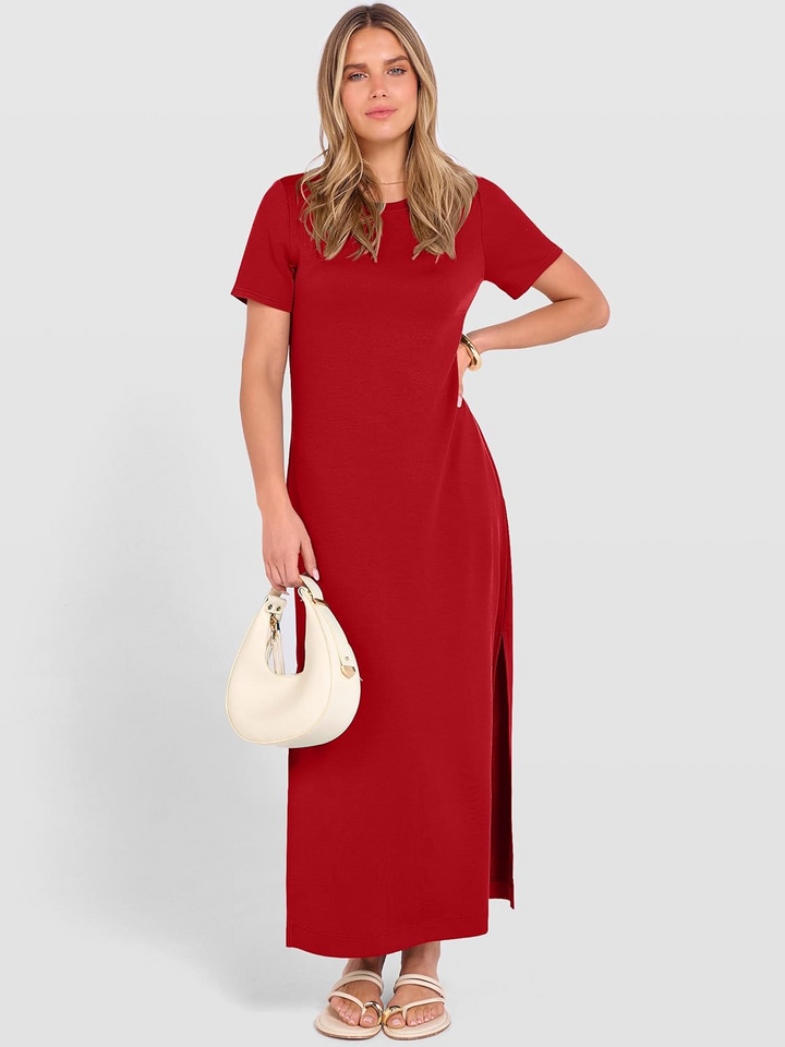 ANRABESS Women's Wrinkle-Free Crewneck Maxi Dress