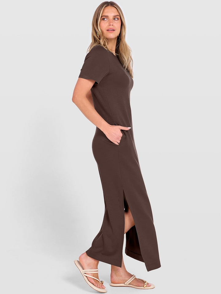 ANRABESS Women's Wrinkle-Free Crewneck Maxi Dress