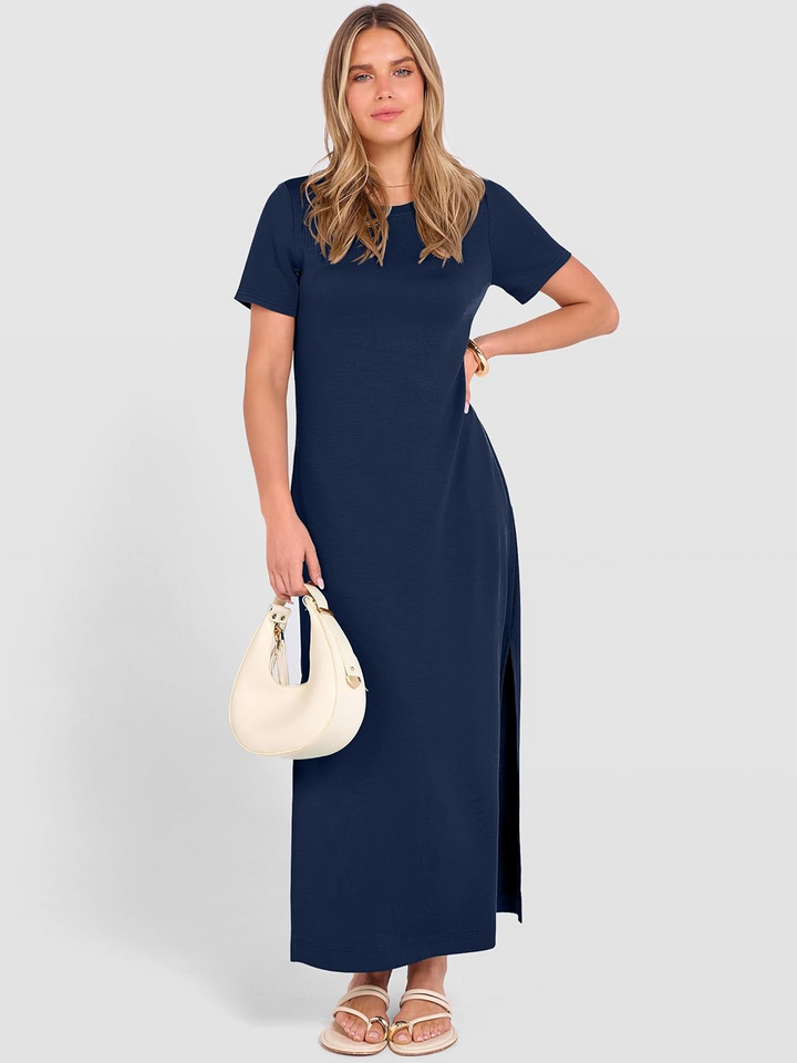 ANRABESS Women's Wrinkle-Free Crewneck Maxi Dress