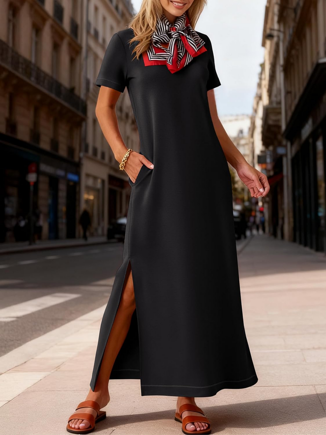 ANRABESS Women's Wrinkle-Free Crewneck Maxi Dress