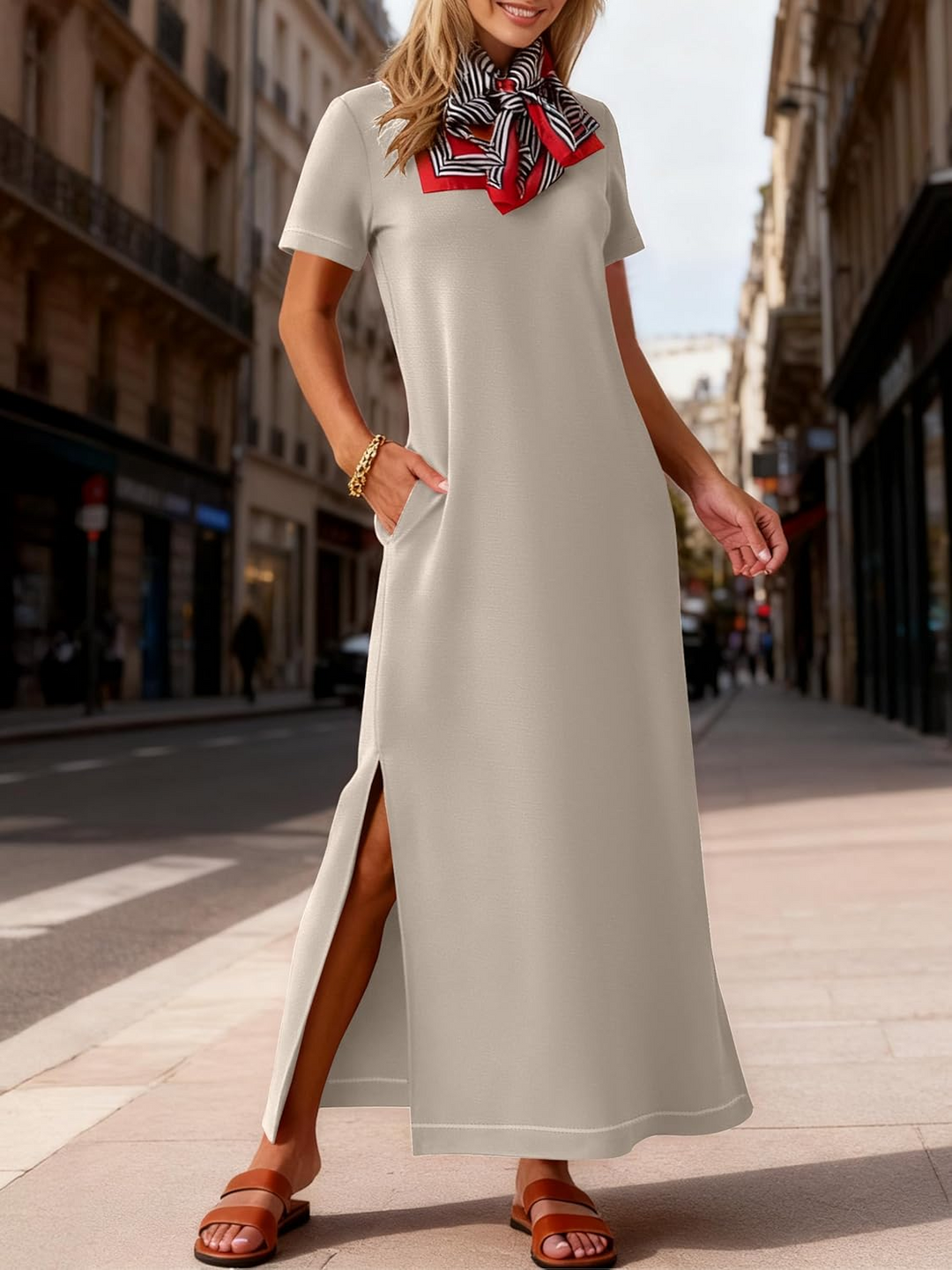 ANRABESS Women's Wrinkle-Free Crewneck Maxi Dress