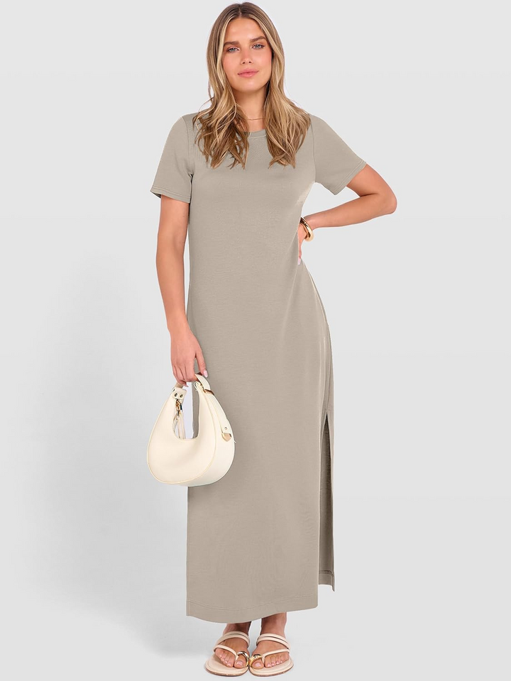 ANRABESS Women's Wrinkle-Free Crewneck Maxi Dress