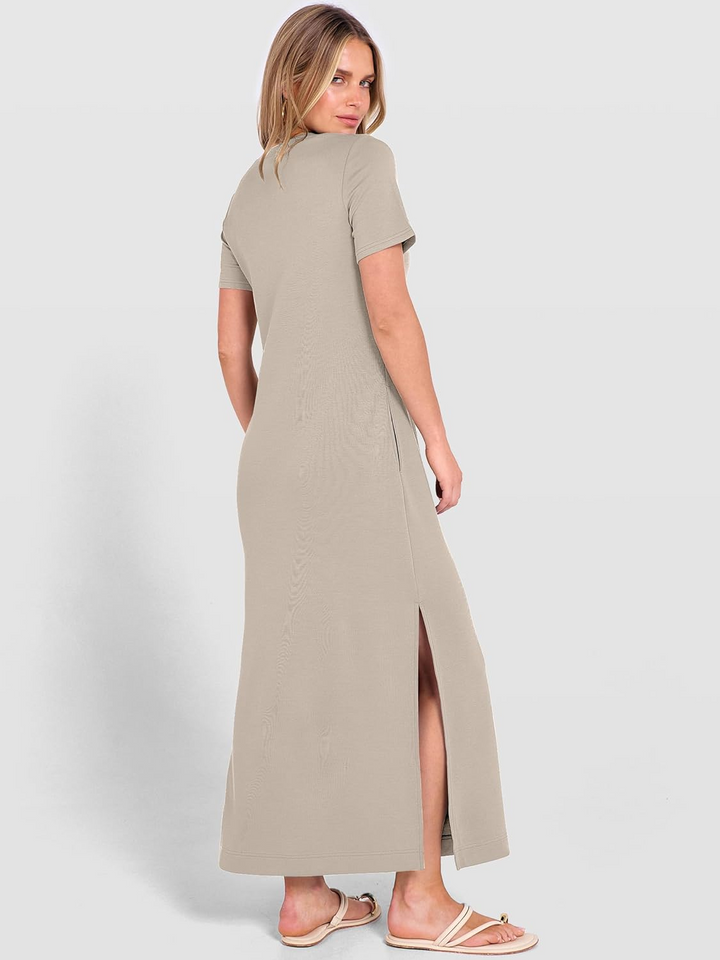 ANRABESS Women's Wrinkle-Free Crewneck Maxi Dress