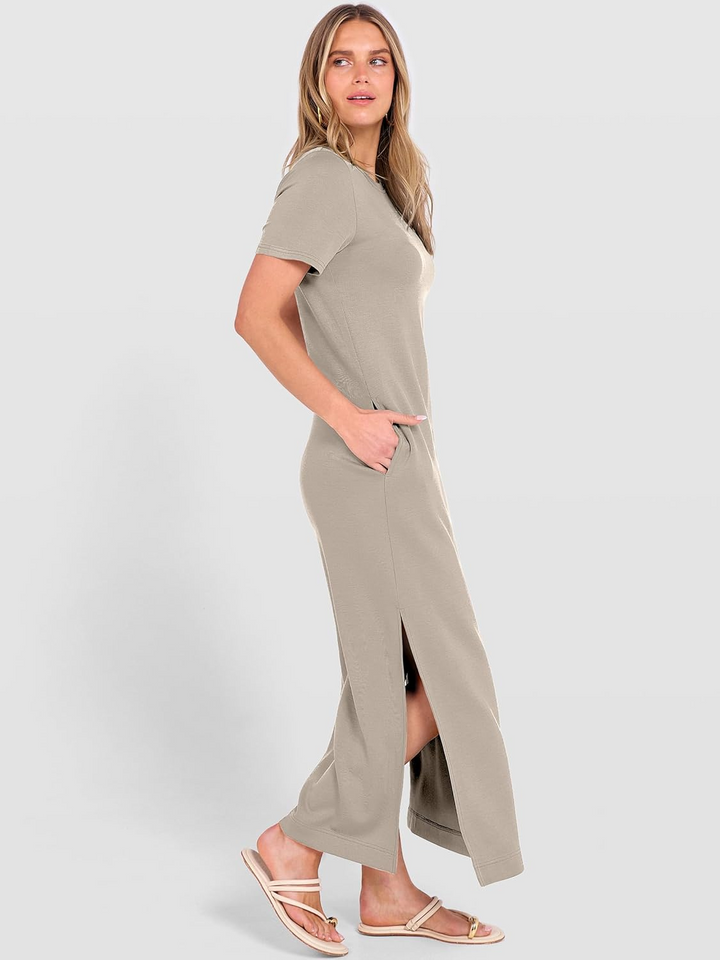 ANRABESS Women's Wrinkle-Free Crewneck Maxi Dress