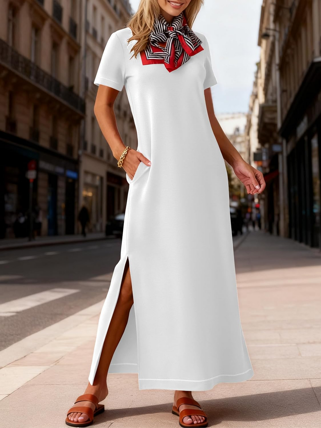 ANRABESS Women's Wrinkle-Free Crewneck Maxi Dress