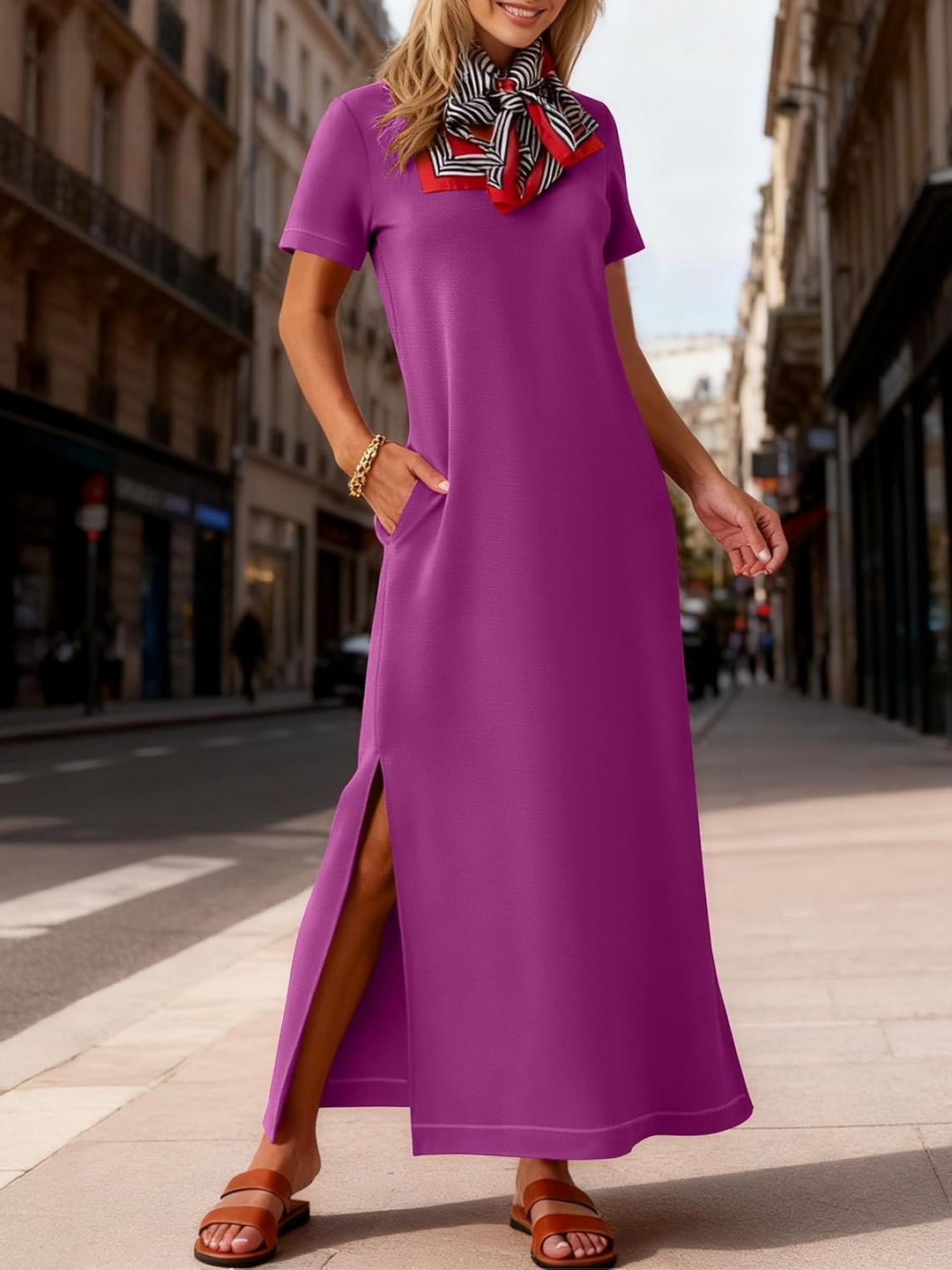 ANRABESS Women's Wrinkle-Free Crewneck Maxi Dress