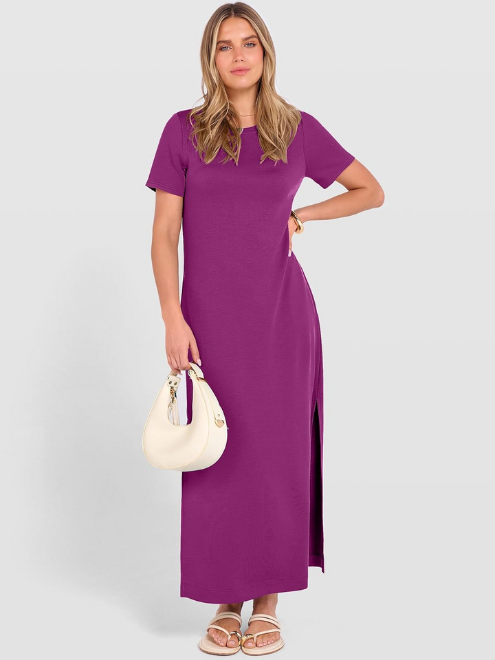 ANRABESS Women's Wrinkle-Free Crewneck Maxi Dress