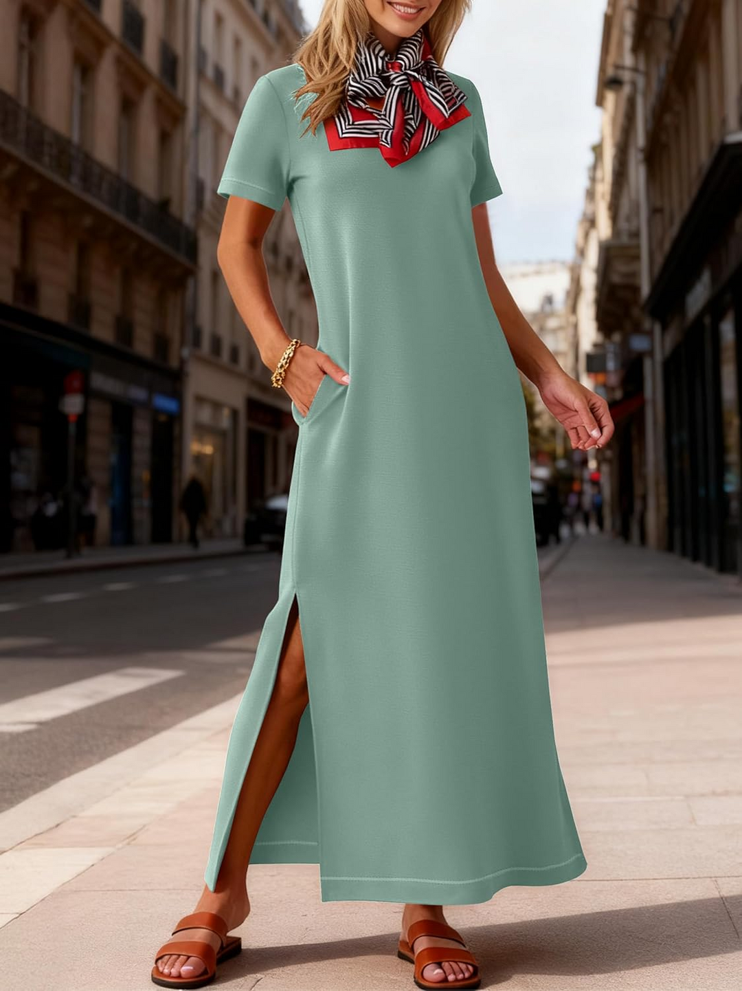 ANRABESS Women's Wrinkle-Free Crewneck Maxi Dress