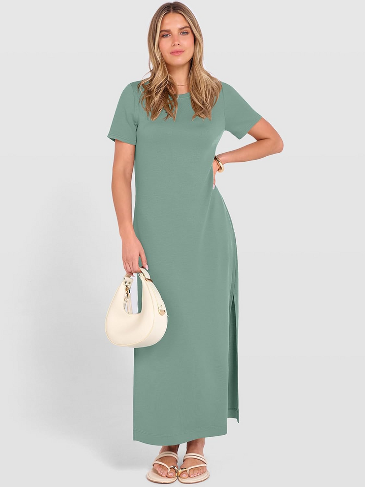 ANRABESS Women's Wrinkle-Free Crewneck Maxi Dress