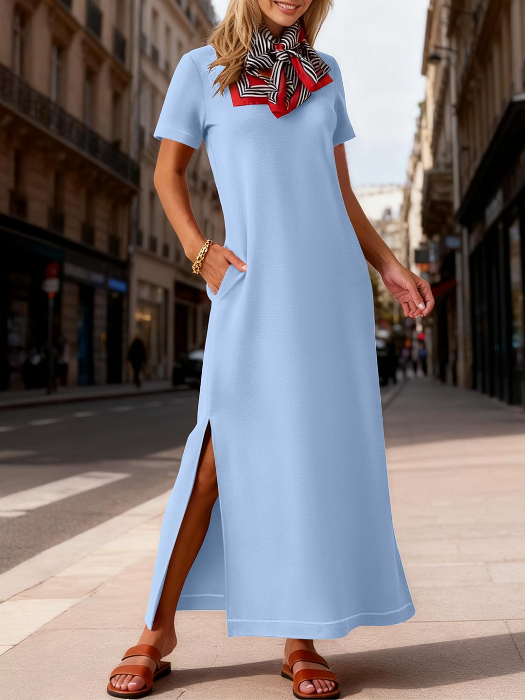 ANRABESS Women's Wrinkle-Free Crewneck Maxi Dress