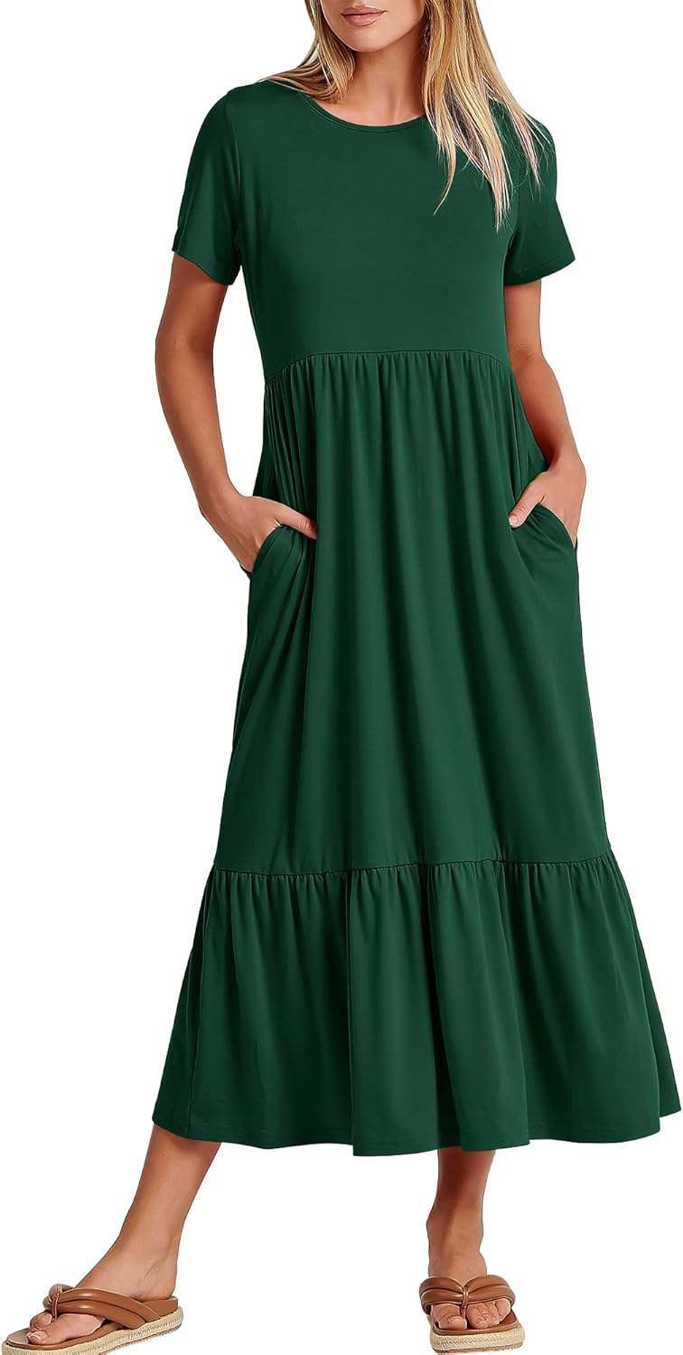 ANRABESS Womens 2026 Summer Casual Maxi Dress A line Tiered Flowy Short Sleeve Crewneck T Shirt Beach Travel Long Dresses