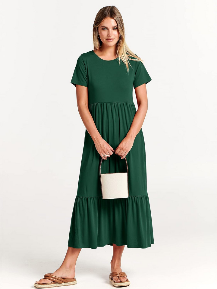 ANRABESS Womens 2026 Summer Casual Maxi Dress A line Tiered Flowy Short Sleeve Crewneck T Shirt Beach Travel Long Dresses