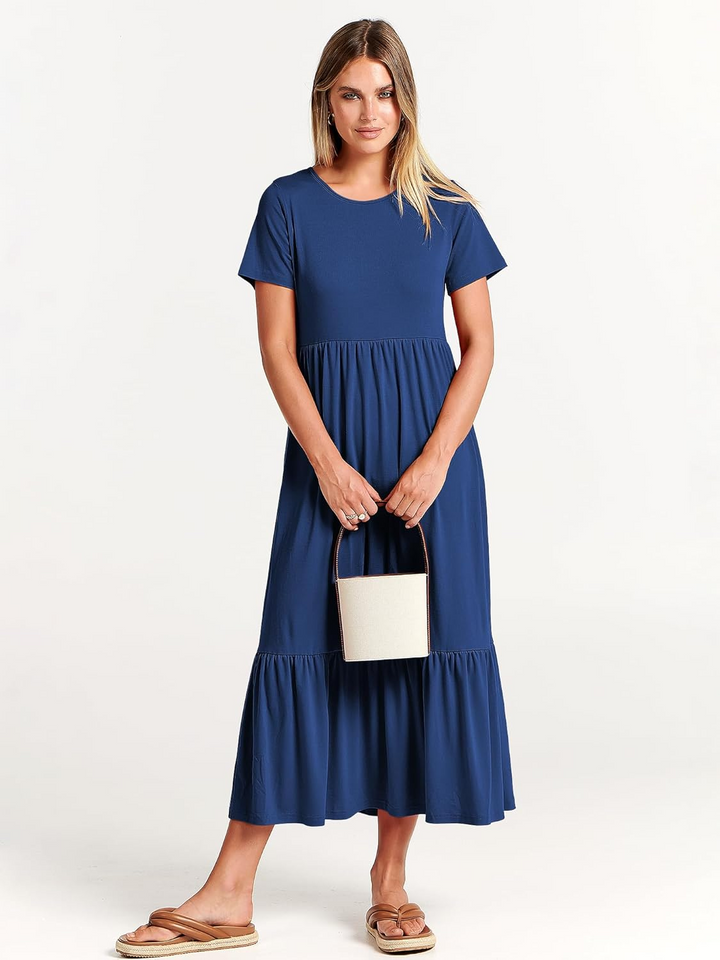 ANRABESS Womens 2026 Summer Casual Maxi Dress A line Tiered Flowy Short Sleeve Crewneck T Shirt Beach Travel Long Dresses