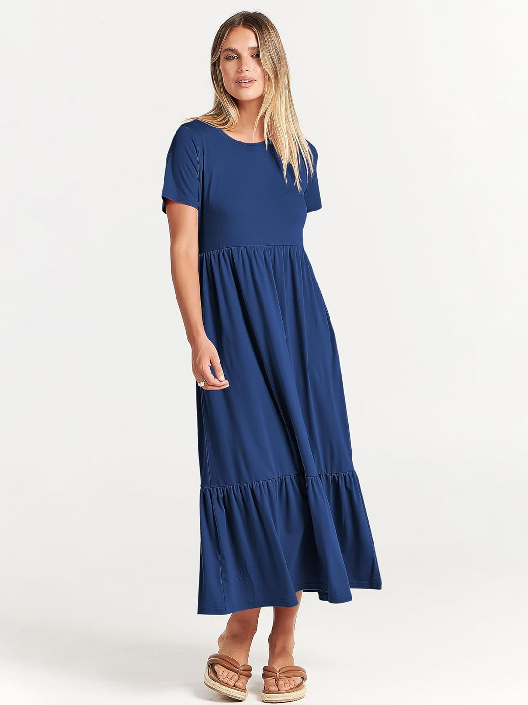 ANRABESS Womens 2026 Summer Casual Maxi Dress A line Tiered Flowy Short Sleeve Crewneck T Shirt Beach Travel Long Dresses