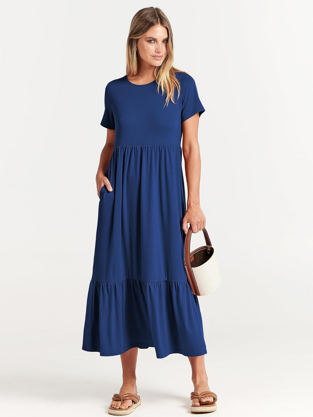 ANRABESS Womens 2026 Summer Casual Maxi Dress A line Tiered Flowy Short Sleeve Crewneck T Shirt Beach Travel Long Dresses