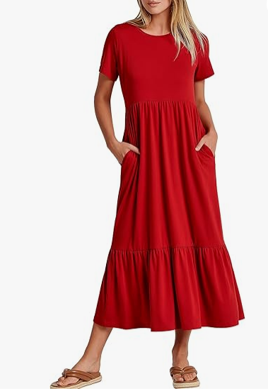ANRABESS Womens 2026 Summer Casual Maxi Dress A line Tiered Flowy Short Sleeve Crewneck T Shirt Beach Travel Long Dresses