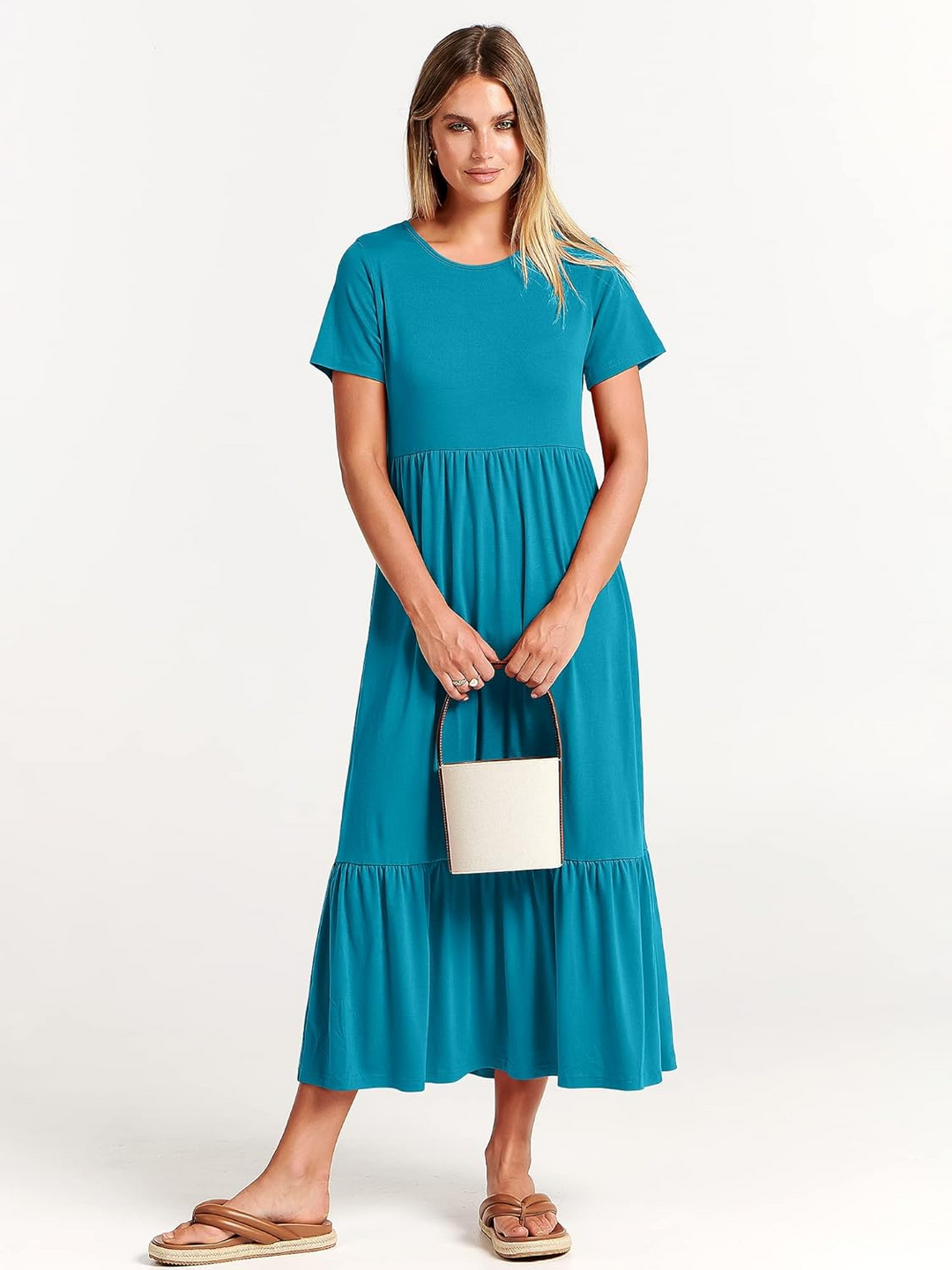 ANRABESS Womens 2026 Summer Casual Maxi Dress A line Tiered Flowy Short Sleeve Crewneck T Shirt Beach Travel Long Dresses