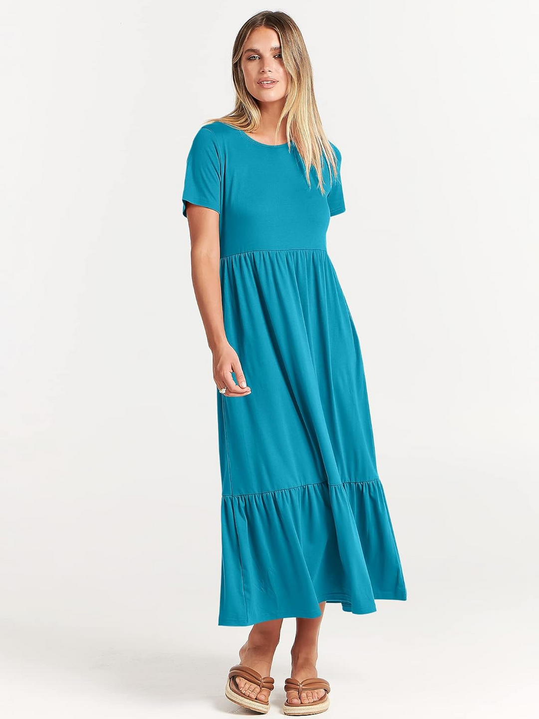 ANRABESS Womens 2026 Summer Casual Maxi Dress A line Tiered Flowy Short Sleeve Crewneck T Shirt Beach Travel Long Dresses