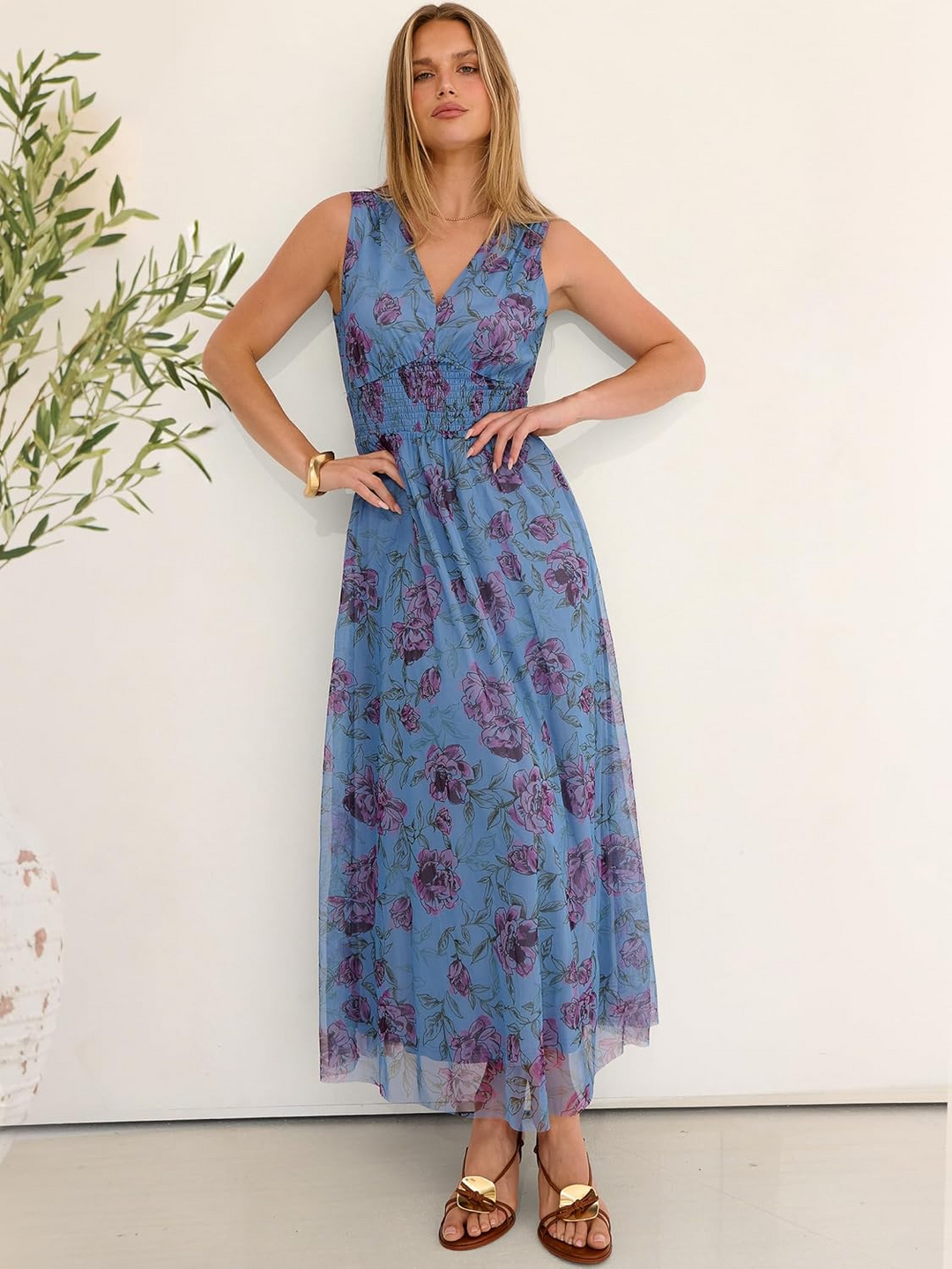 ANRABESS Women's Floral V-Neck A-Line Maxi Dress