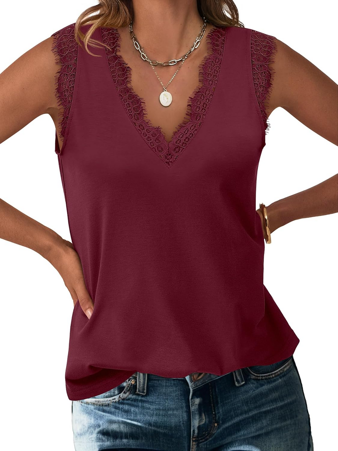 ANRABESS Women's Lace Trim Tank Top, V-Neck Sleeveless Cami