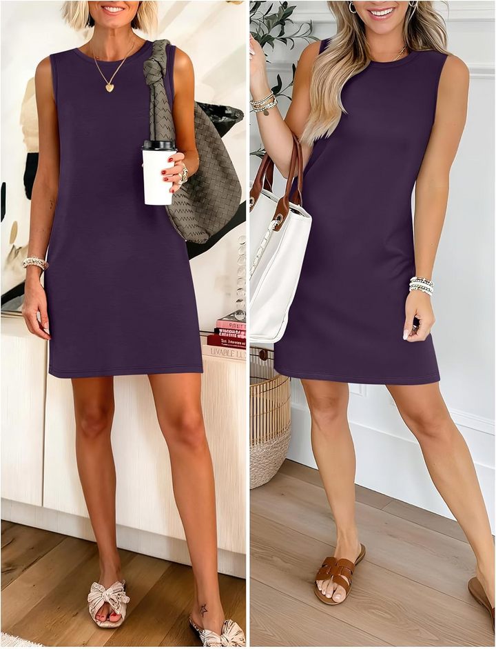 ANRABESS Women's Mini Dress - Sleeveless Crewneck Split