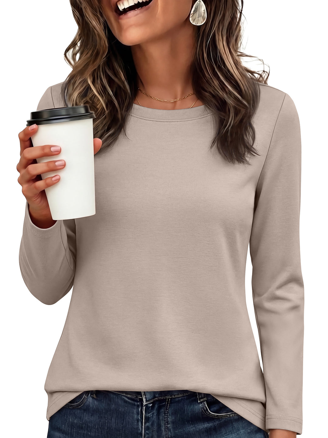 ANRABESS Long Sleeve Shirts for Women,Soft Stretchy Wrinkle-Free Tops,Casual Crew Neck T Shirt for Work Daily Fall
