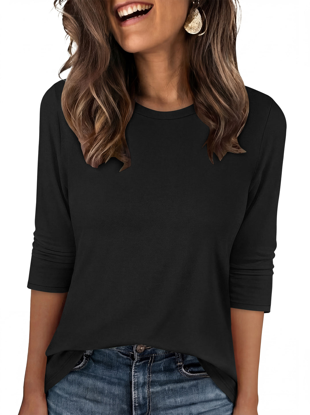 ANRABESS Womens 3/4 Sleeve Top，Wrinkle-Free Soft T-Shirts，Crew Neck Basic Tee，Casual Summer Spring Clothes ，Daily Work Travel