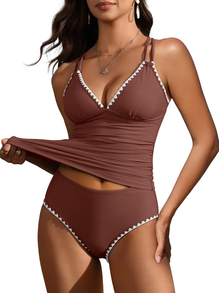 ANRABESS Womens Tankini Swimsuit 2 Piece Set Tummy Control V Neck Swim Top with High Waisted Bottoms Contrast Trim Adjustable Strap Bathing Suit