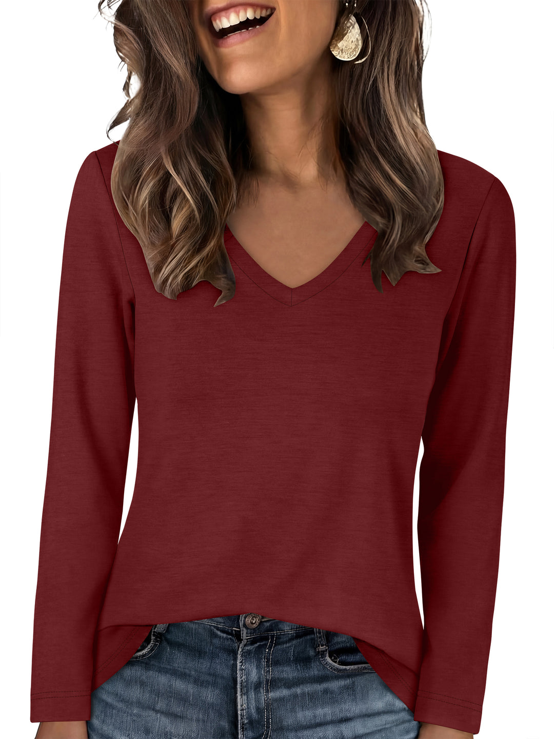 ANRABESS Long Sleeve Shirts for Women, Soft Stretchy Wrinkle-Free V Neck Tops, Fall Casual Tshirts for Work Daily