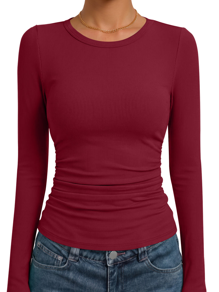 ANRABESS Women's Long Sleeve Shirts , Ruched Side Fitted Basic Tee Tops, Soft Ribbed Stretchy T-Shirt Layer for Casual & Work