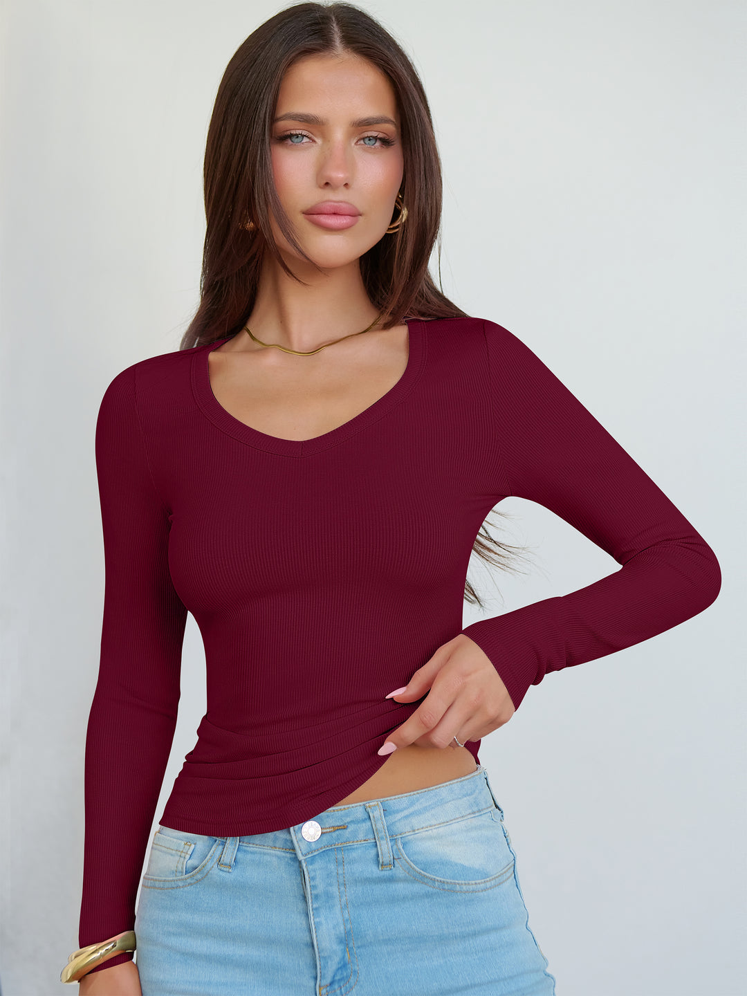ANRABESS Long Sleeve Shirts for Women Soft Comfy Ribbed Knit Fitted T-Shirts Casual Trendy Y2K Basic Tops Fall Winter Underscrub Layering Clothes