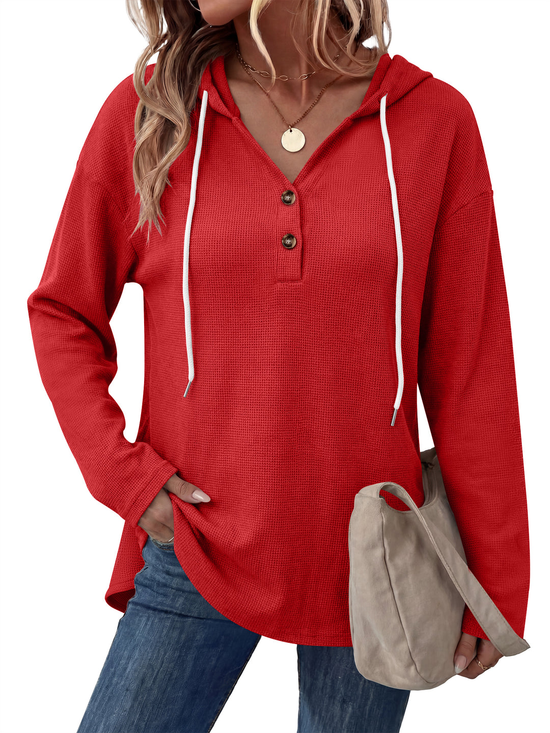 ANRABESS Waffle Knit Hoodies for Women, Comfy Drawstring Loose Fit, Long Sleeve Sweatshirt Tops for Casual Daily Wear, Work