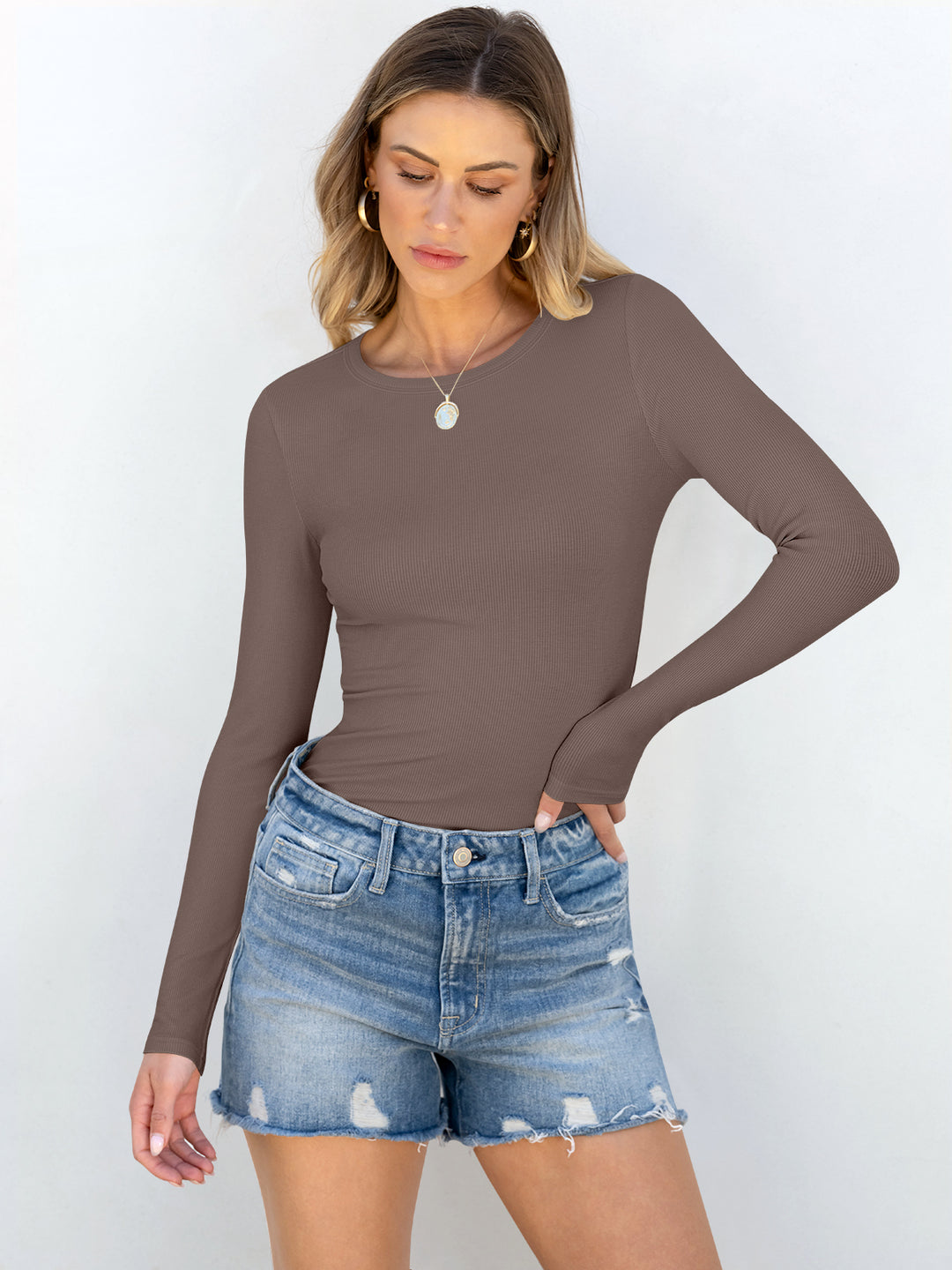 ANRABESS Long Sleeve Shirts for Women Ribbed Knit Slim Fit Basic Tops Crewneck Tees Spring Fall Casual Underscrubs Layer Clothes