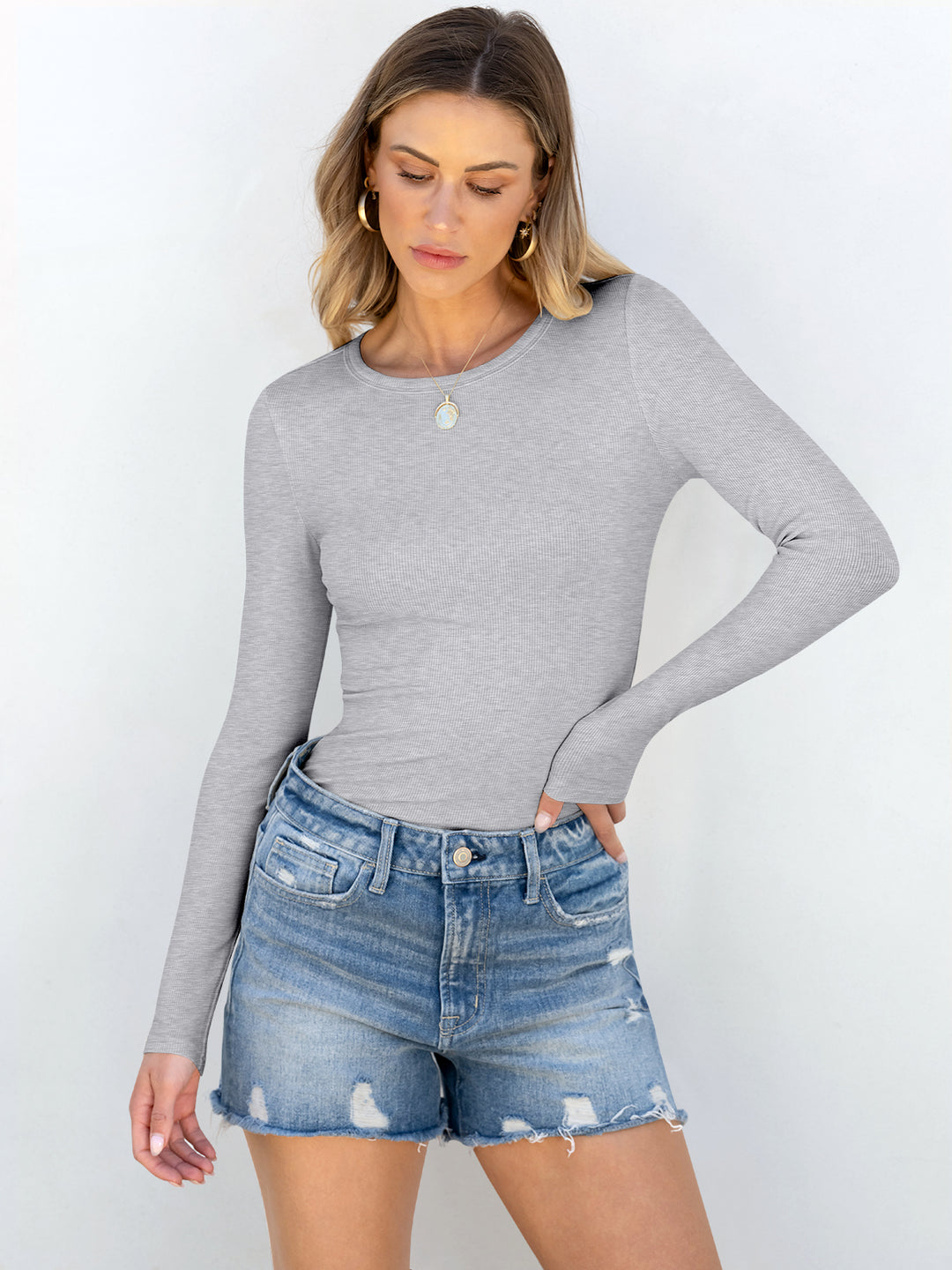 ANRABESS Long Sleeve Shirts for Women Ribbed Knit Slim Fit Basic Tops Crewneck Tees Spring Fall Casual Underscrubs Layer Clothes