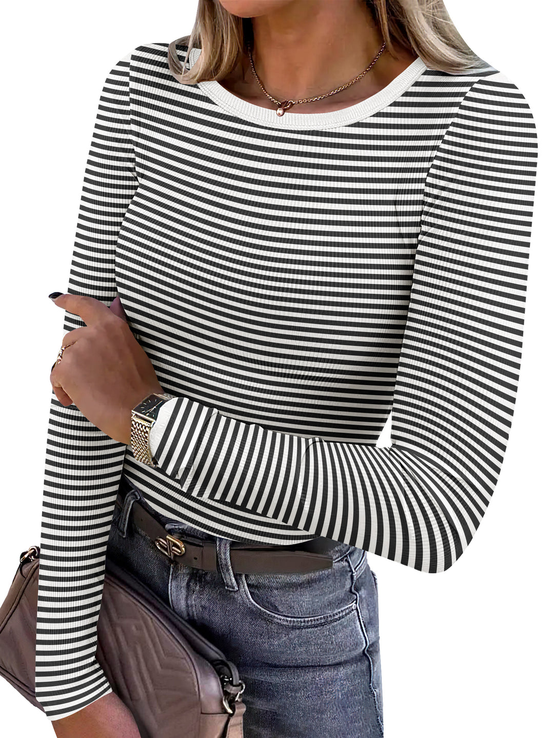 ANRABESS Long Sleeve Shirts for Women Ribbed Knit Slim Fit Basic Tops Crewneck Tees Spring Fall Casual Underscrubs Layer Clothes