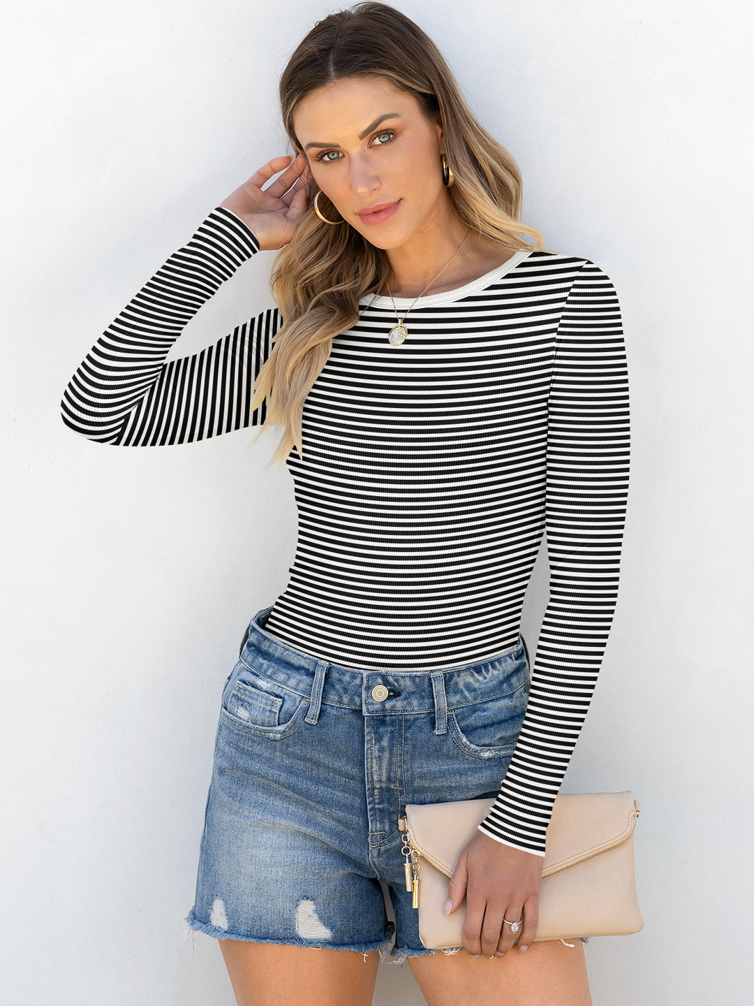 ANRABESS Long Sleeve Shirts for Women Ribbed Knit Slim Fit Basic Tops Crewneck Tees Spring Fall Casual Underscrubs Layer Clothes