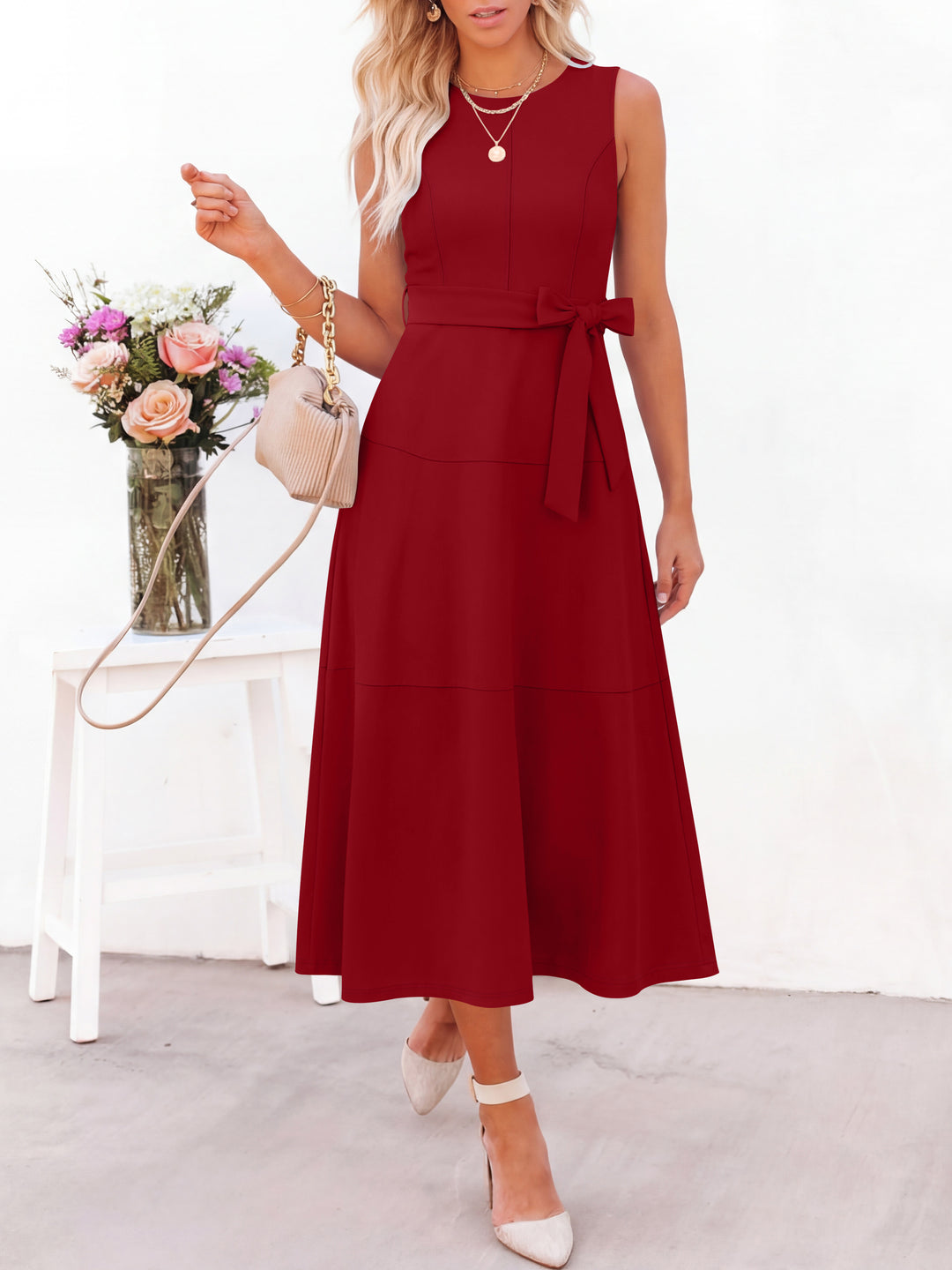 ANRABESS Women Formal Midi Dress Sleeveless Elegant Business Casual 2026 Summer Cocktail Party Night Out Dresses with Belt