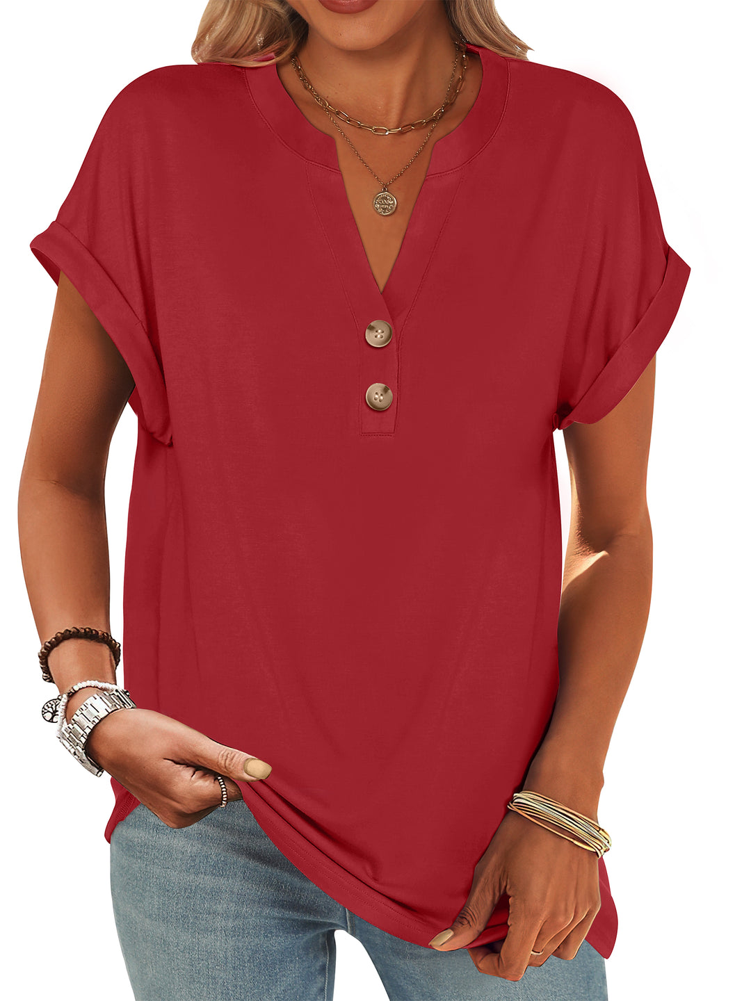 ANRABESS Womens Short Sleeve Henley Tops V Neck Dressy Casual Blouses Summer Trendy Tee Shirts 2026 Vacation Fashion Clothes