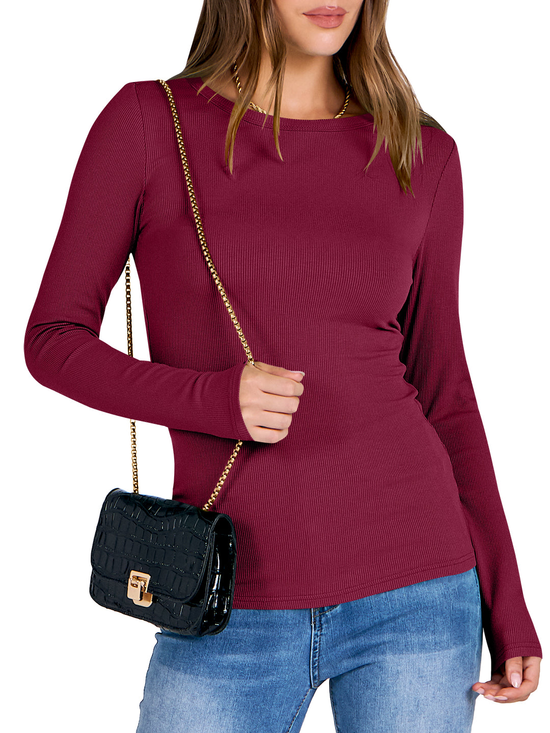 ANRABESS Long Sleeve Shirts for Women Ribbed Knit Slim Fit Basic Tops Crewneck Tees Spring Fall Casual Underscrubs Layer Clothes