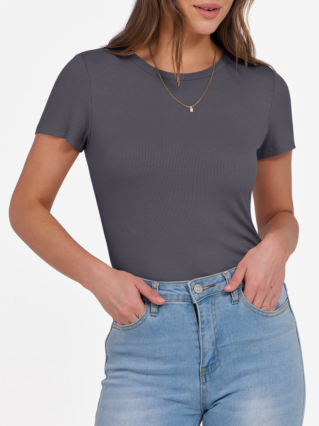 ANRABESS Womens Short Sleeve Tops Crewneck Ribbed Knit Slim Fit Basic Tee Casual Summer Fitted T Shirt