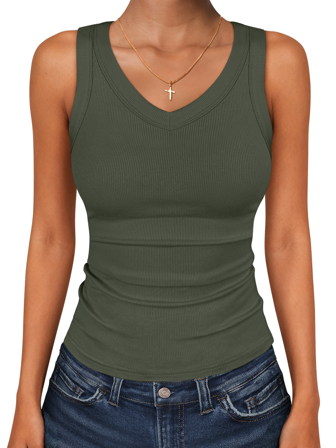 ANRABESS Womens Tank Tops 2026 Ribbed V Neck Summer Tops Basic Slim Fitted Sleeveless T Shirts Soft Knit Cami Tee Casual Layering Shirts