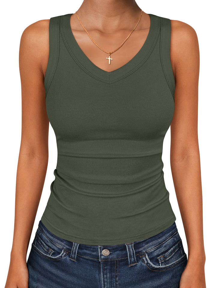 ANRABESS Womens Tank Tops 2026 Ribbed V Neck Summer Tops Basic Slim Fitted Sleeveless T Shirts Soft Knit Cami Tee Casual Layering Shirts